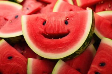 Happy red fresh watermelon with black seeds in, summer healthy food . Generative Ai.