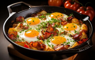 Classic English Breakfast Fried Eggs and Bacon. Generative AI