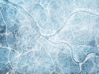 Illustration of a map of the city of  Pittsburgh Pennsylvania in the United States of America with white roads on a icy blue frozen background.