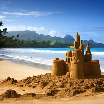 Sand castle on beach at Hanalei Bay, Kauai