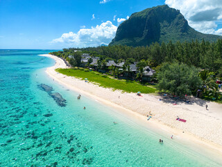 Incredible view of Le Morne mountain in Mauritius. Picture taken from drone - obrazy, fototapety, plakaty