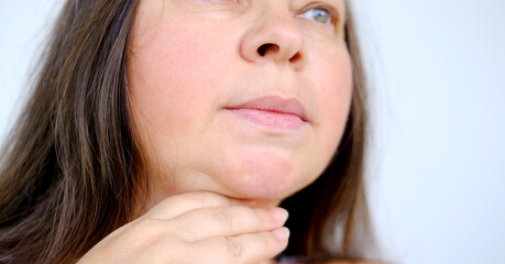 middle eged fat woman, part face, human fat neck, side view, double saggy chin, deep wrinkles,...