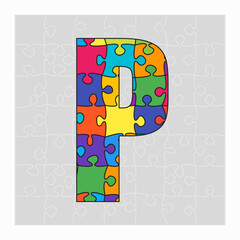 Colorful puzzle letter - P. Jigsaw creative font
