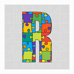 Colorful puzzle letter - R. Jigsaw creative font