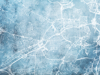Illustration of a map of the city of  Portsmouth Virginia in the United States of America with white roads on a icy blue frozen background.