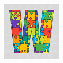 Colorful puzzle letter - W. Jigsaw creative font