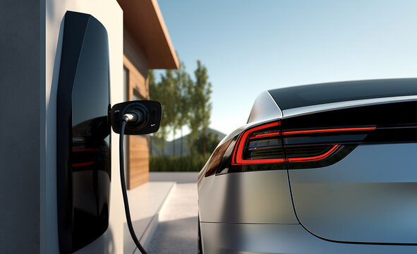 Generic Electric Vehicle EV Hybrid Car Is Being Charged From A Wallbox On A Contemporary Modern Residential Building House. Technology Of Home Charging For Electric Vehicles