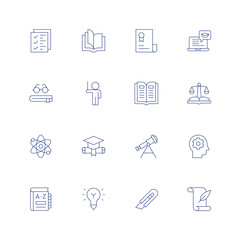 Education line icon set on transparent background with editable stroke. Containing checklist, open book, certificate, online learning, book, lecturer, law, atom, mortarboard, astronomy, mind.