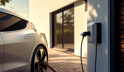 Generic electric vehicle EV hybrid car is being charged from a wallbox on a contemporary modern residential building house. technology of home charging for electric vehicles - obrazy, fototapety, plakaty