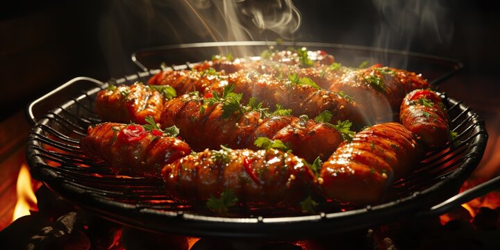 AI Generated. AI Generative. BBQ grill barbecuse steak beed pork sausages on fire preapring meat food. Party garden restaurant vibe. Graphic Art