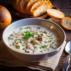 A delicious steaming bowl of creamy clam chowder.  Great for articles bout food, travel, seafood, comfort food, cooking, cuisine and more. 