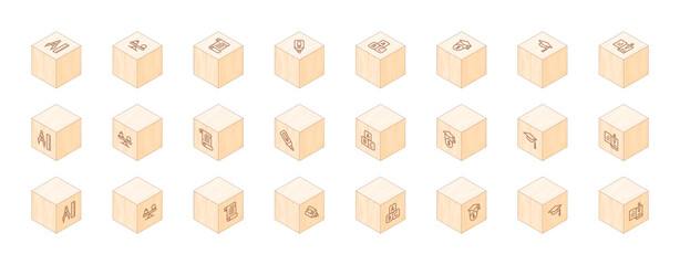 Education line icons printed on 3D wooden blocks. Cube Wood. Isometric Wood. Vector illustration. Containing architectural, mass, ancient scroll, marker, abc block, loan, graduation cap, literature.