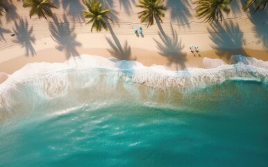 Beach with palm trees on the shore in the style of birds-eye-view. Turquoise and white plane view on beach aerial photography.