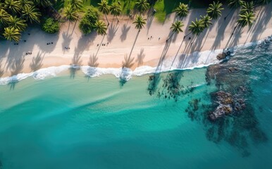 Fototapeta Beach with palm trees on the shore in the style of birds-eye-view. Turquoise and white plane view on beach aerial photography. obraz