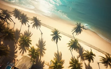 Fotobehang Beach with palm trees on the shore in the style of birds-eye-view. Turquoise and white plane view on beach aerial photography. © Marharyta