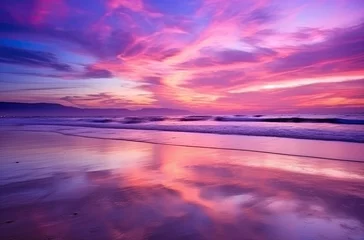 Abwaschbare Fototapete Bereich Sunrise over the sea and nice beach in purple color. Generative AI