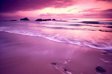 Sunrise over the sea and nice beach in purple color. Generative AI