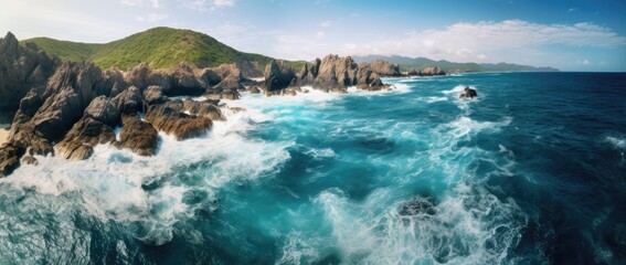 Aerial view of the ocean rocky shore.