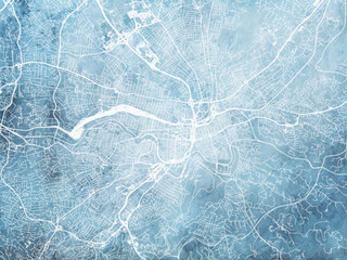 Illustration of a map of the city of  Roanoke Virginia in the United States of America with white roads on a icy blue frozen background.