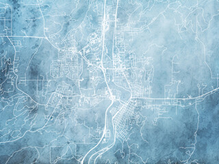 Illustration of a map of the city of  Roseburg Oregon in the United States of America with white roads on a icy blue frozen background.