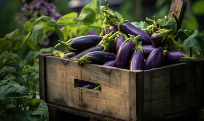 Freshly picked eggplants in wooden box on farm plot. Created using generative AI tools