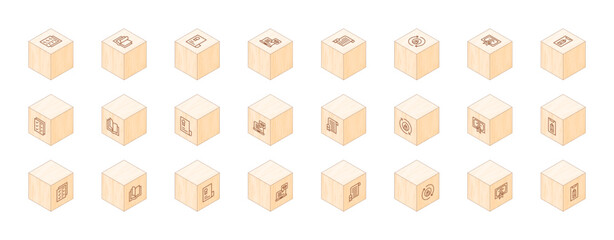 Education line icons printed on 3D wooden blocks. Cube Wood. Isometric Wood. Vector illustration. Containing checklist, open book, certificate, online learning.