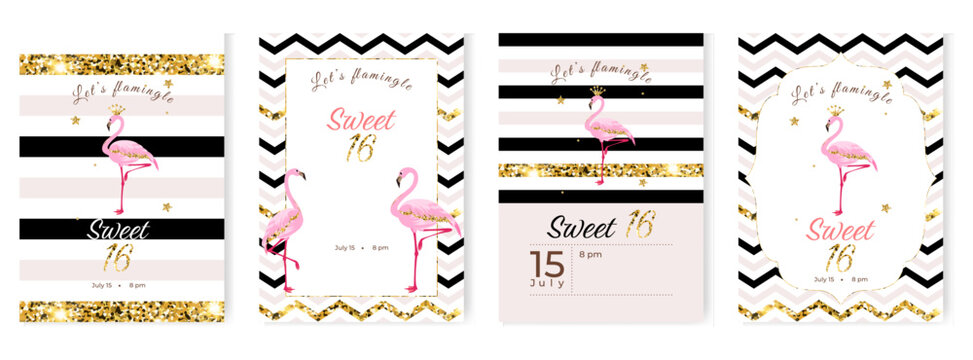 Invitation cards set template for celebrating 16th anniversary event party with flamingos, glitters and stars
