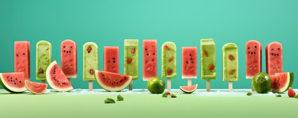 Popsicles of fresh and healthy watermelom on green background, summer panorama. Generative Ai.