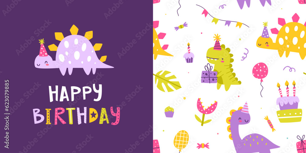 Poster cute dino birthday party pattern set. seamless purple vector print collection with abstract dinosaur