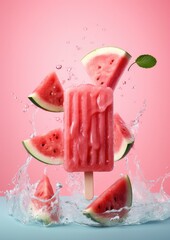 Popsicles of fresh and healthy watermelom on red background, summer . Generative Ai.