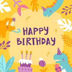 Happy birthday banner with cute dino and plants. Vector congrats card with abstract dinosaurs for kids.