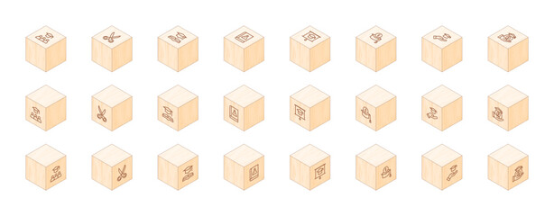 Education line icons printed on 3D wooden blocks. Cube Wood. Isometric Wood. Vector illustration. Containing education, scissors, science book, scholarship.