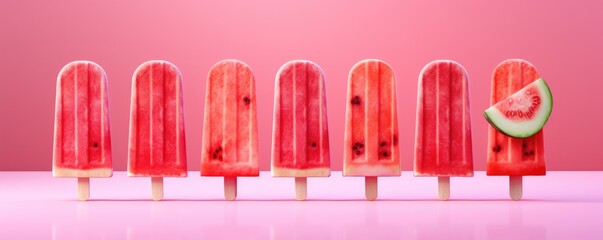 Fototapeta premium Popsicles of fresh and healthy watermelom on pink background, summer panorama. Generative Ai.