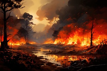 Illustration of a large and powerful forest fire. Deforestation. destruction of forests by fire. Disaster. AI generated