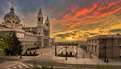 Cathedral Santa Maria in Madrid Spain during sunset
