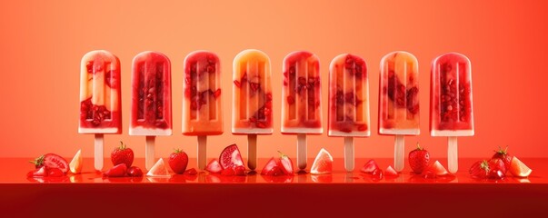 Popsicles of fresh and healthy watermelom on red background, panorama. Generative Ai.