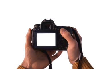 Hand hält eine digitale Spiegelreflexkamera und drückt einen Knopf, transparentes PNG