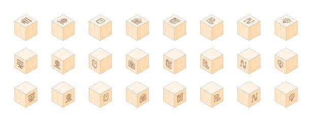 Education line icons printed on 3D wooden blocks. Cube Wood. Isometric Wood. Vector illustration. Containing teaching, knowledge, bible, tasks, internship, pulley, idea.