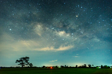 Panorama blue night sky milky way and star on dark background.Universe filled with stars, nebula and galaxy with noise and grain.over the dark field.
