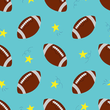 Vector seamless pattern with rugby balls and stars in cartoon style. American football pattern