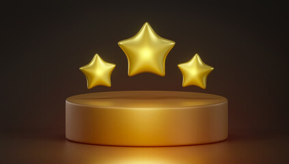 Stars on podium 3d render illustration. Rating concept. Social media award winner icon background