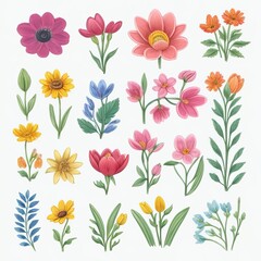 Hand-Drawn Spring Flowers Collection on a White Background. Generative AI.
