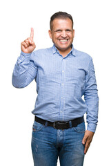 Middle age arab business man over isolated background showing and pointing up with finger number one while smiling confident and happy.