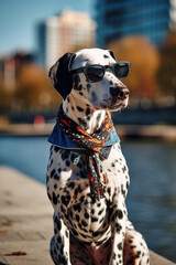 Cute Dalmatian with a neckerchief and sunglasses is sitting outside in summer at city, created with Generative AI.