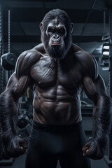 Fototapeta na wymiar fit Chimpanzee standing at the gym, Muscular chimpanzee mastering his workout routine at the gym, generative AI