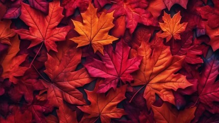 Autumn background with colored red leaves on background. Top view, copy space. Generative AI - obrazy, fototapety, plakaty