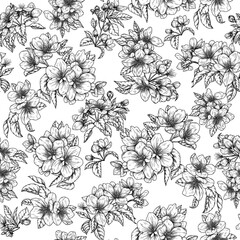 Seamless vector pattern apple blossom in engraving style