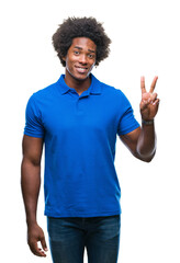 Afro american man over isolated background smiling with happy face winking at the camera doing victory sign. Number two.