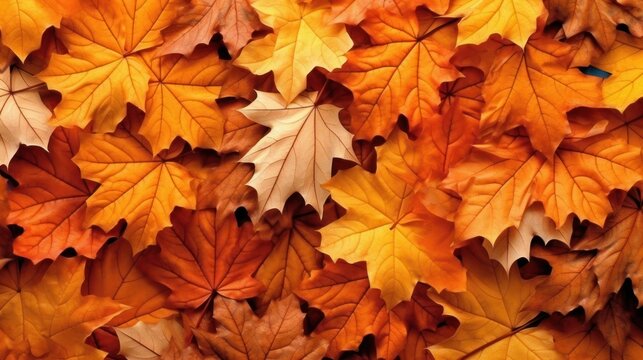 Autumn background with colored red leaves on background. Top view, copy space. Generative AI