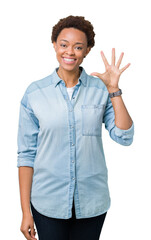 Young beautiful african american woman over isolated background showing and pointing up with fingers number five while smiling confident and happy.